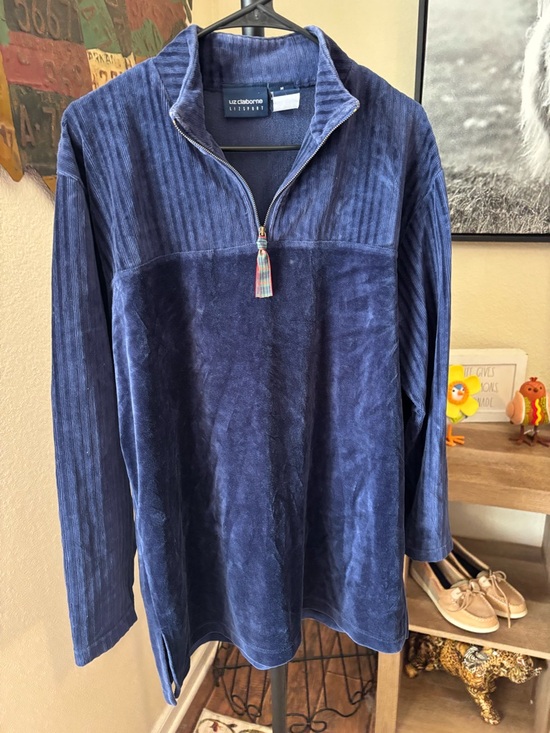 Liz Claiborne Jackets & Blazers - Liz Claiborne Navy Blue Velour Half-Zip Pullover with Tassel